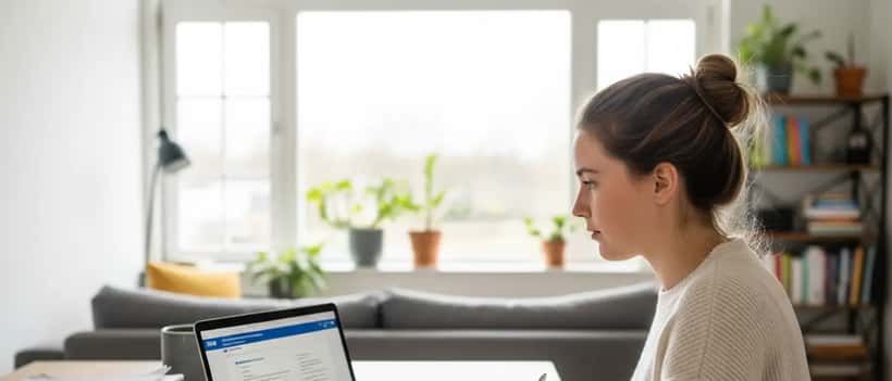 Jonge Nederlandse afgestudeerde bekijkt officiële DUO-documenten op laptop aan keukentafel