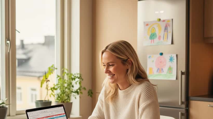 Svensk kvinna granskar familjens budget på laptop i modernt kök i Göteborg