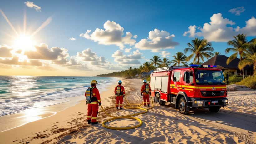 Incendio en resort de playa en la República Dominicana con turistas evacuados en la orilla y columnas de humo