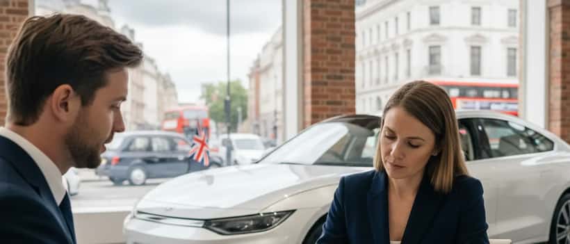 British woman signing car purchase documents at UK dealership