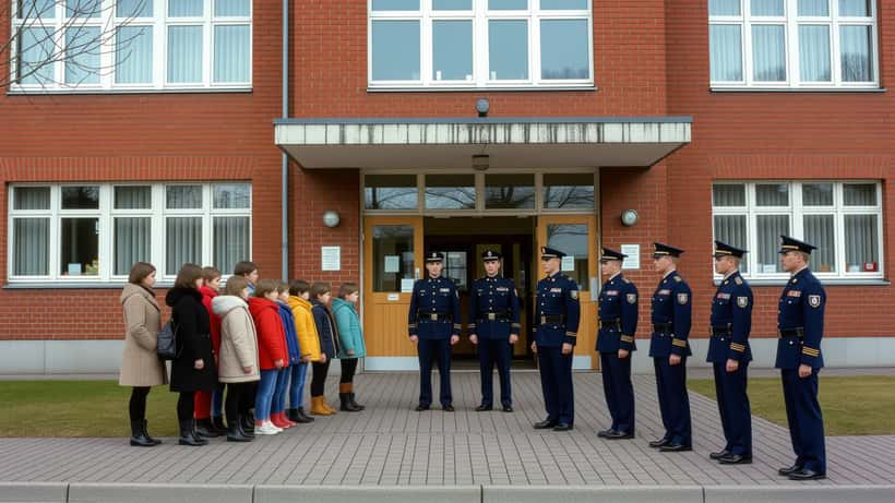 Pohjankartanon koulun rakennus Oulussa, jonka edustalla viranomaiset ja huoltajat toukokuun 2026 kouluuhkauksen aikana