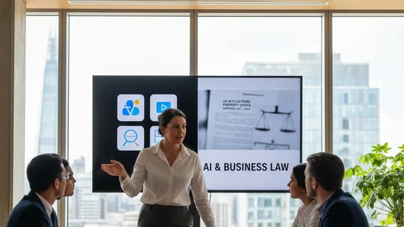 UK business professional presenting AI copyright guidelines to a team in a modern London office