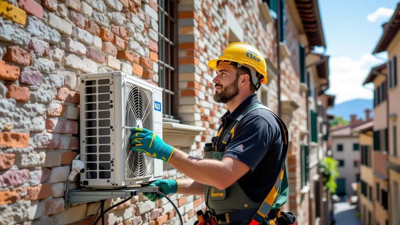 Artigiano installa un condizionatore su una facciata di palazzo storico a Firenze durante l'ondata di calore del 2026