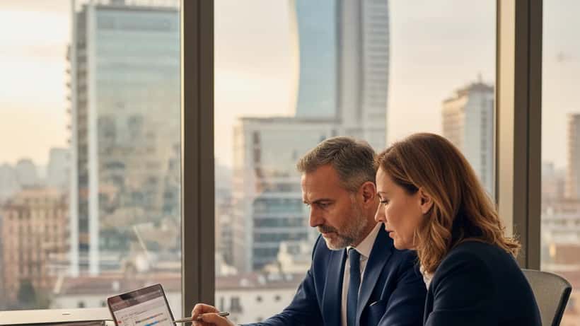 Consulente finanziario italiano che mostra documenti fiscali a un cliente in un ufficio moderno a Milano