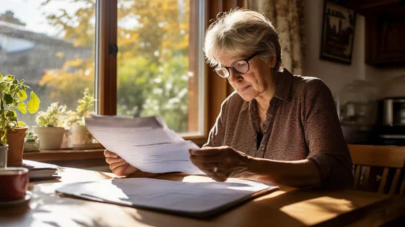 Rentnerin prüft Rentenbescheid am Küchentisch mit Laptop und Vorsorgeunterlagen