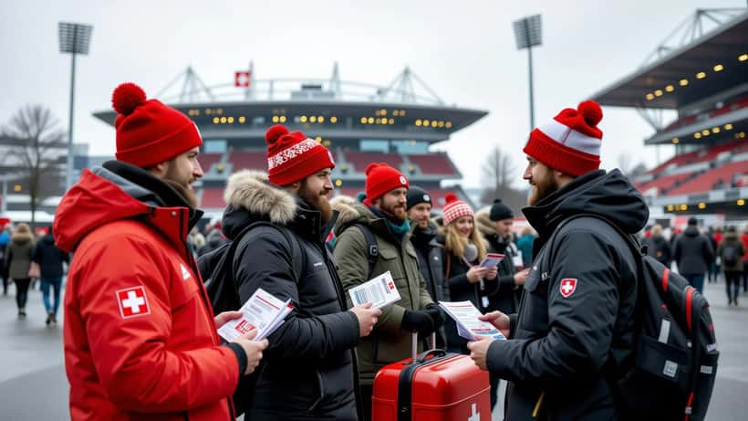 Supporters de football avec bagages devant un stade scandinave