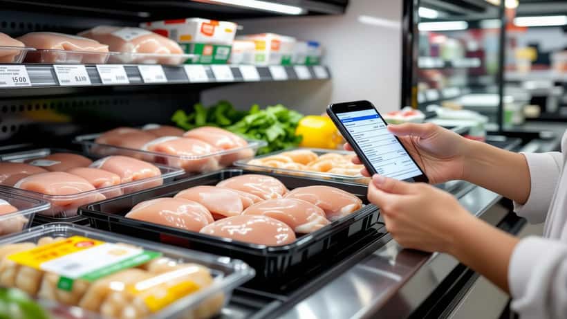 Consommateur vérifiant le lot d'une barquette de filets de poulet rappelée