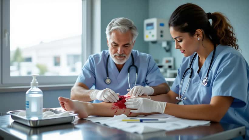 Arzt untersucht Wunde am Unterschenkel eines Patienten in einer Notfallklinik an der Ostseeküste