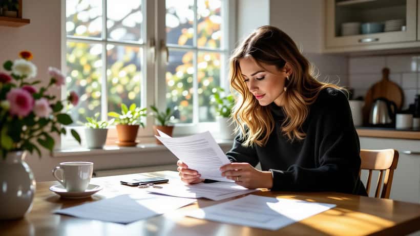 Tenant reviewing tenancy agreement documents at a kitchen table in a London flat
