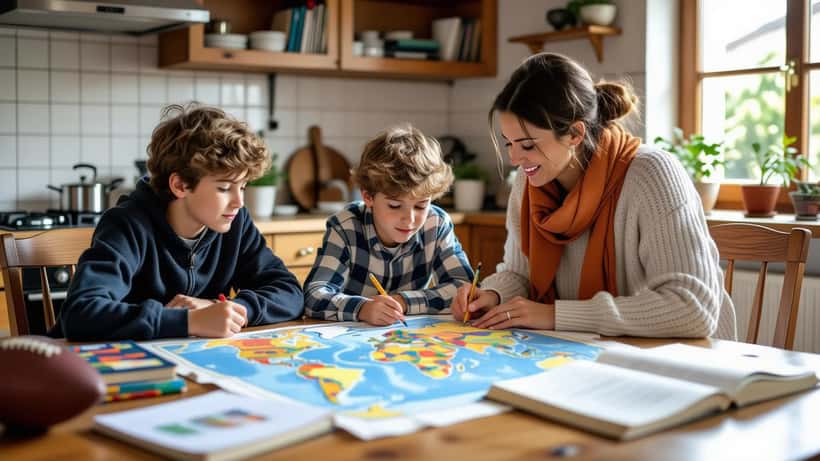 Mère suisse aidant son fils à localiser le Cap-Vert sur une carte du monde pendant la Coupe du Monde 2026