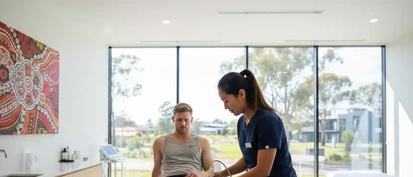 Sports physiotherapist treating an athlete's calf muscle in a professional clinic in Australia