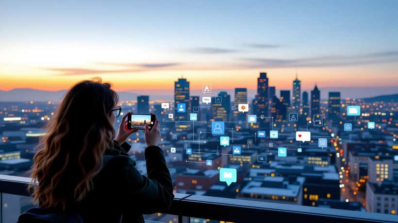 Créateur de contenu filmant avec un smartphone sur fond de skyline suisse et écrans digitaux