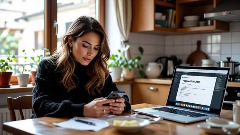 Donna italiana preoccupata che guarda uno smartphone con un falso SMS del corriere in cucina