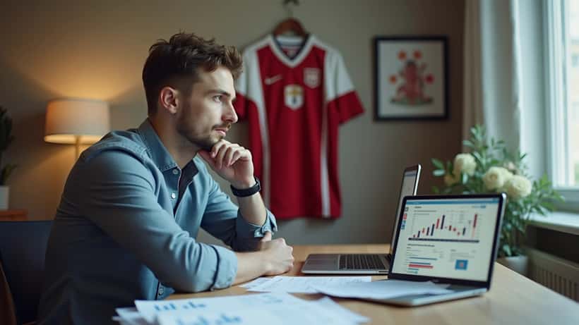 Dansker gennemgår finansielle dokumenter og investeringsoversigt på laptop i hjemmekontor