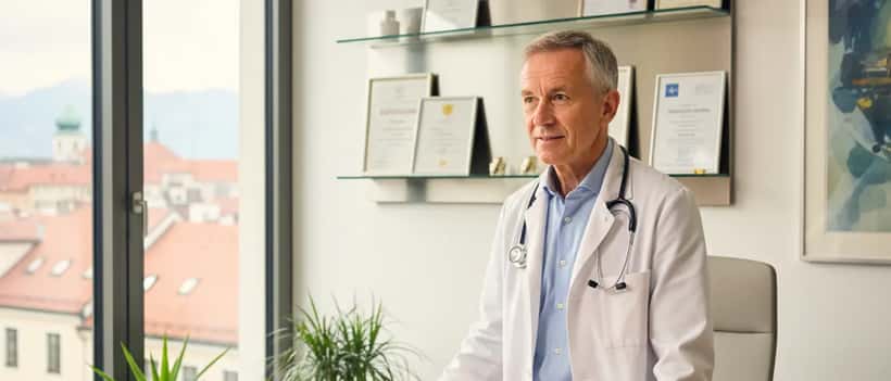 Erfahrener Geriater in einer modernen Arztpraxis in München berät einen älteren Patienten
