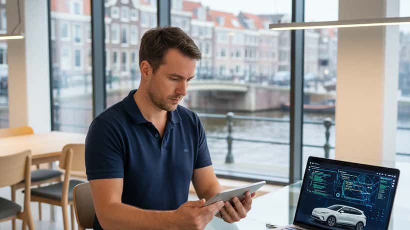 IT-beveiligingsspecialist analyseert cybersecurity van Chinese elektrische auto in Amsterdam