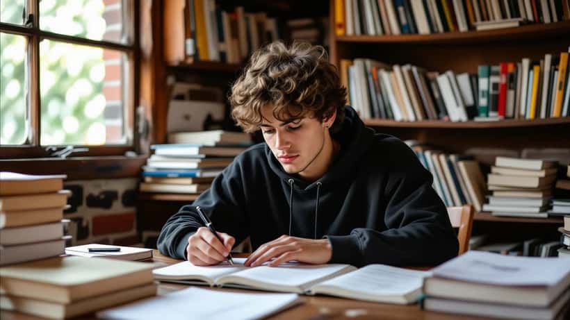 Estudante universitário lendo livros em campus, representando a preparação para o PISM 2026 da UFJF