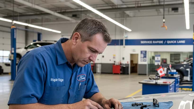 Mechanic inspecting windshield wiper arm on Ford Expedition in Canadian dealership service bay