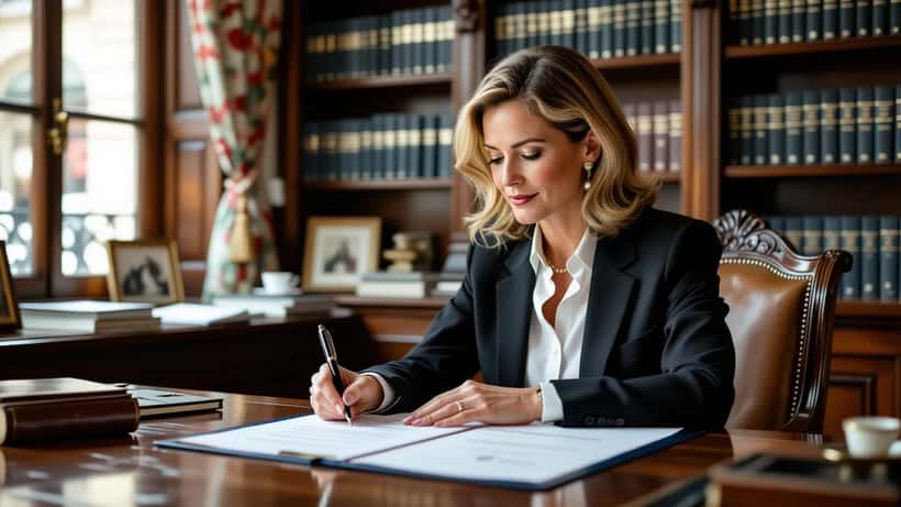 Femme signant un contrat de partenariat social dans une étude notariale à Paris, livres juridiques et tampon officiel sur le bureau