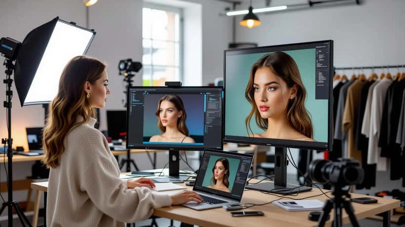 Modefotostudio där en modell står bredvid en skärm som visar en 3D-skanning av hennes ansikte, symboliserar AI-genererade digitala tvillingar