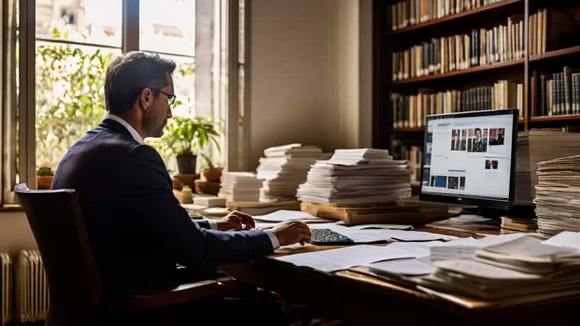 Advogado a analisar legislação sobre privacidade e media em escritório em Lisboa