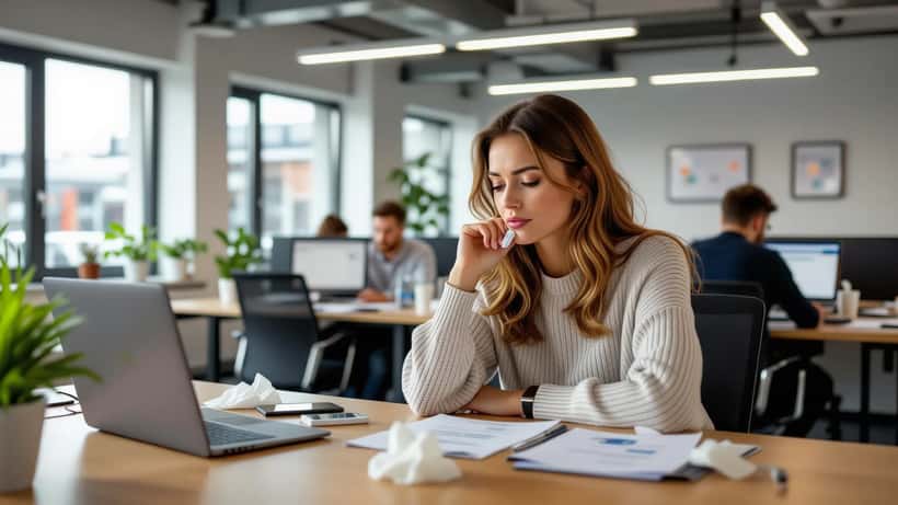 Woman reviewing Statutory Sick Pay form at office desk with tissues and thermometer, fluorescent lighting