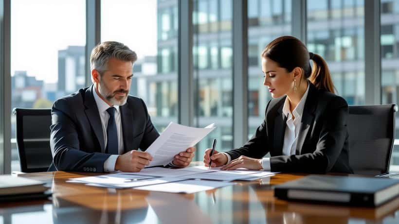 Senior professional and solicitor reviewing employment contract documents at desk in modern London law office