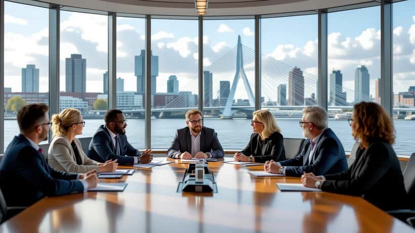 Rotterdamse gemeenteraad in vergadering met zicht op de Rotterdamse skyline