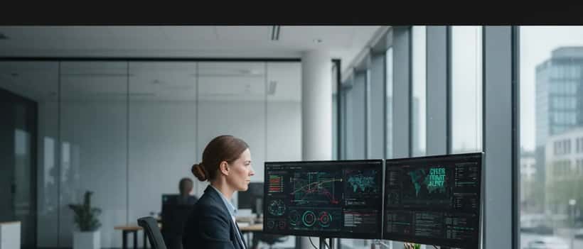 Deutscher IT-Sicherheitsexperte analysiert Bedrohungsdaten auf Bildschirmen im modernen Büro