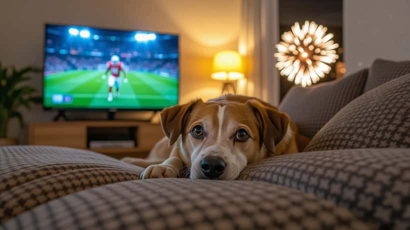 Cão assustado tremendo e escondido embaixo do sofá durante fogos de comemoração de gol