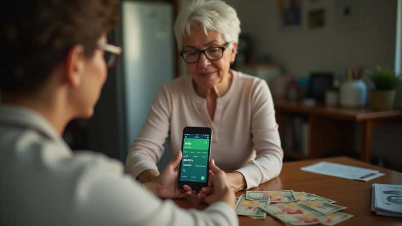 Aposentada brasileira verificando notificação de depósito do INSS no celular