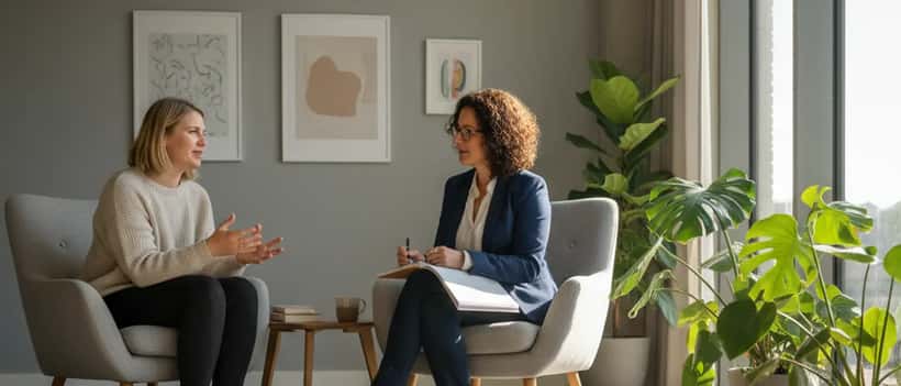 Frau im Gespräch mit einem Psychologen in einer modernen Therapiepraxis in Deutschland