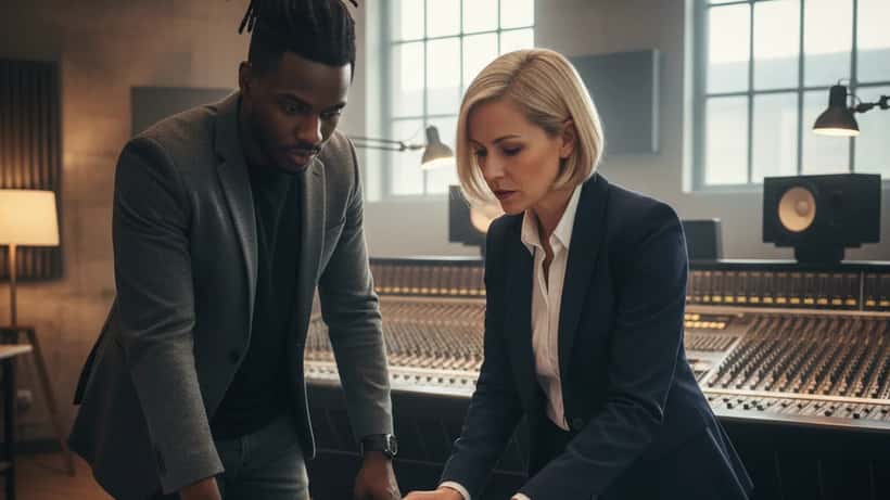 UK musician reviewing legal contract with a lawyer in a London recording studio