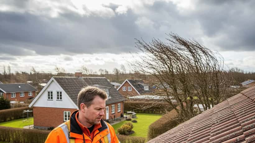 Dansk tømrer inspicerer tagsten under forårsblæst i Aarhus