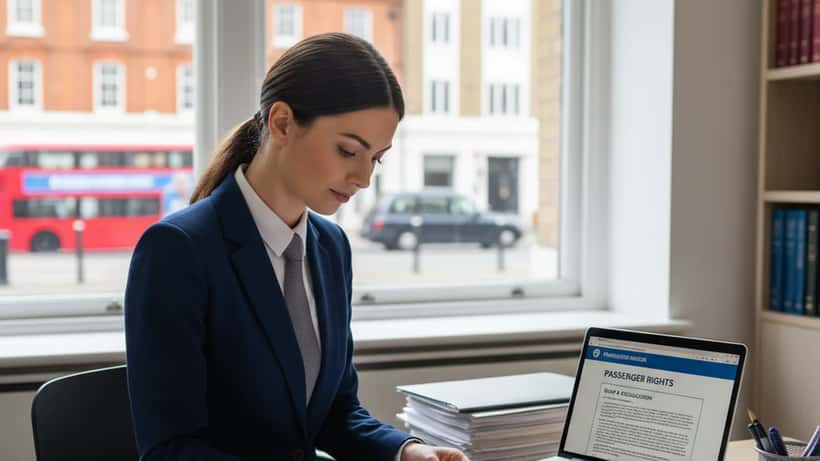 Legal consultant reviewing EU passenger rights documentation in a London office during the Italy fuel rationing crisis