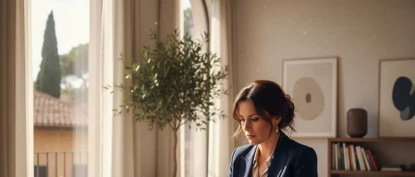 Donna italiana in abito professionale elegante alla scrivania di un ufficio moderno, revisione documenti