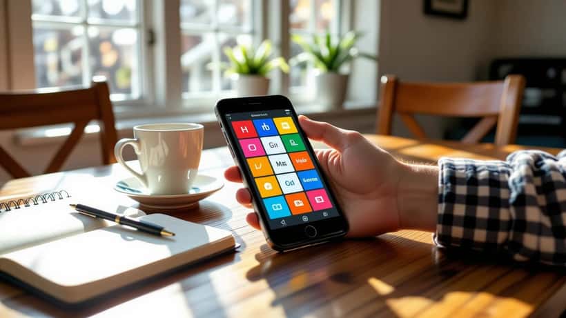 Hands holding a smartphone showing a Wordle game in progress on a breakfast table
