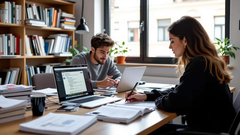 Estudante universitário português a estudar com laptop com chatbot de IA e explicador ao lado