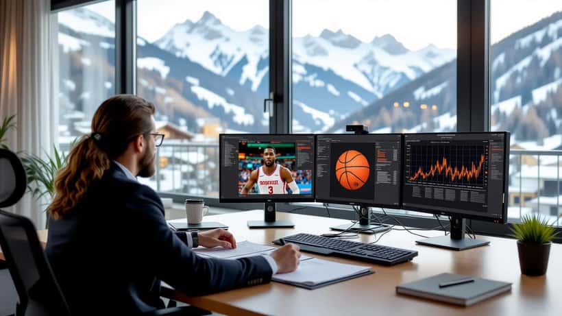 Avocat spécialisé en droit sportif suisse examine un contrat d'athlète professionnel avec ballon de basketball sur la table