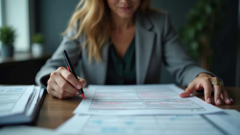 Conseillère en patrimoine examinant des documents d'assurance-vie frauduleux dans un bureau montréalais