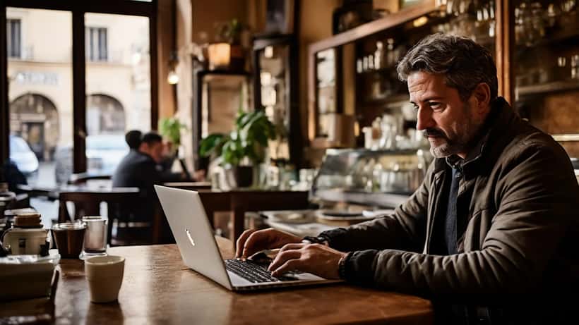 Imprenditore italiano legge recensioni Google Maps su laptop in una trattoria romana