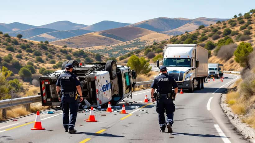 Camião despistado numa estrada de montanha em Trás-os-Montes, com elementos da GNR no local e cones de sinalização na via