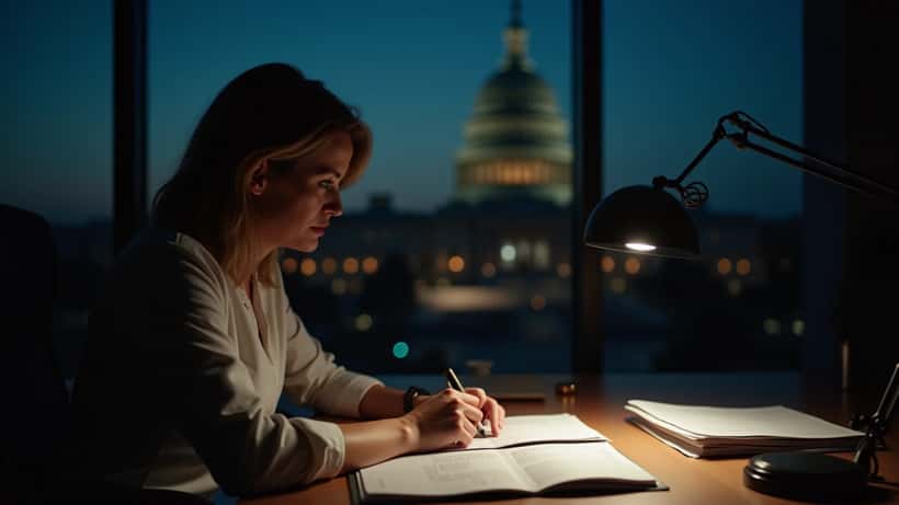Female attorney reviewing corporate documents and SEC complaint forms at law office desk in Washington DC