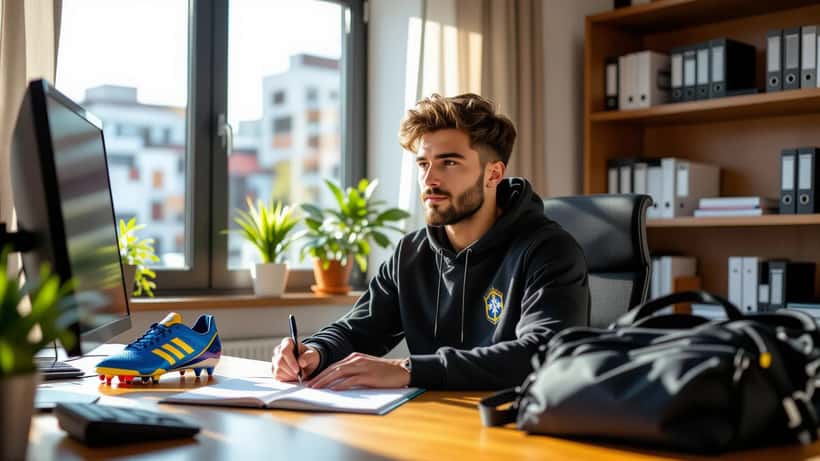 Jovem atleta brasileiro analisando contrato de transferência em escritório de advogado esportivo no Rio de Janeiro
