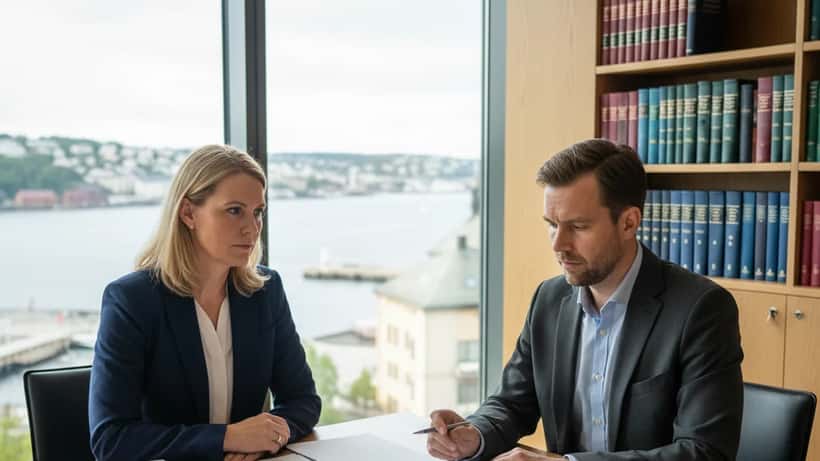 Norsk advokat og klient i møte på et Oslo-kontor, juridiske dokumenter på bordet, fjordutsikt fra vinduet