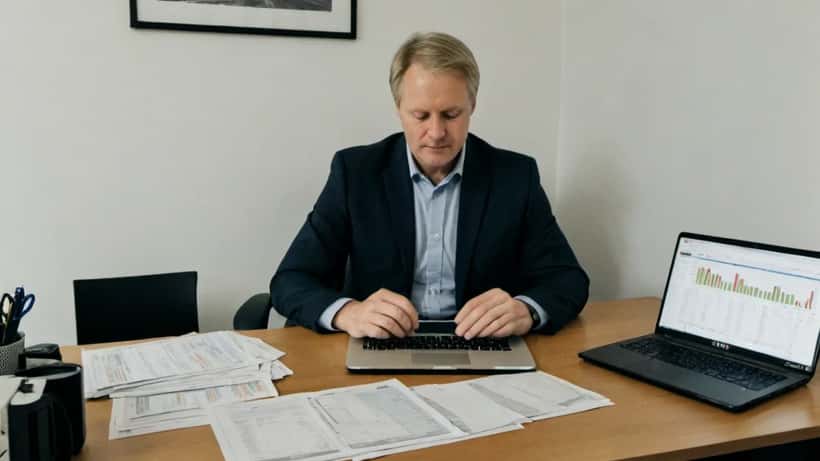 Formuesrådgiver gjennomgår kryptoportefølje og skattemelding på laptop