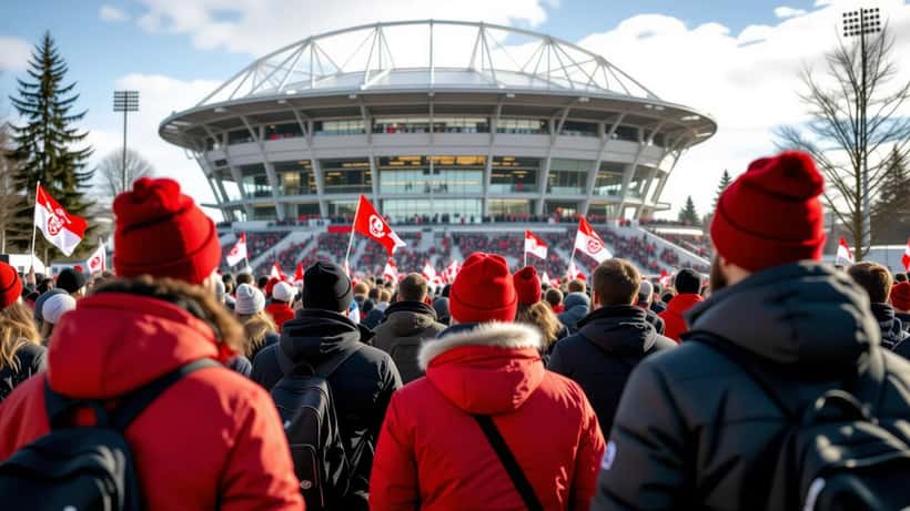 Fotbollsfans på väg mot BC Place i Vancouver inför Kanada–Qatar i fotbolls-VM 2026