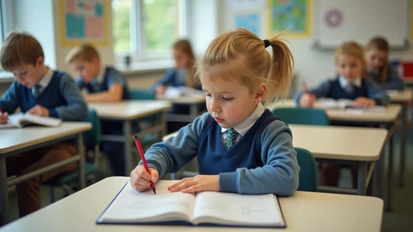Elev skriver för hand i anteckningsbok i modernt klassrum utan telefoner
