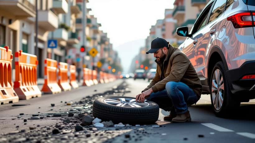 Automobilista palermitano esamina il danno al pneumatico causato da una buca stradale vicino a un cantiere urbano a Palermo settembre 2026