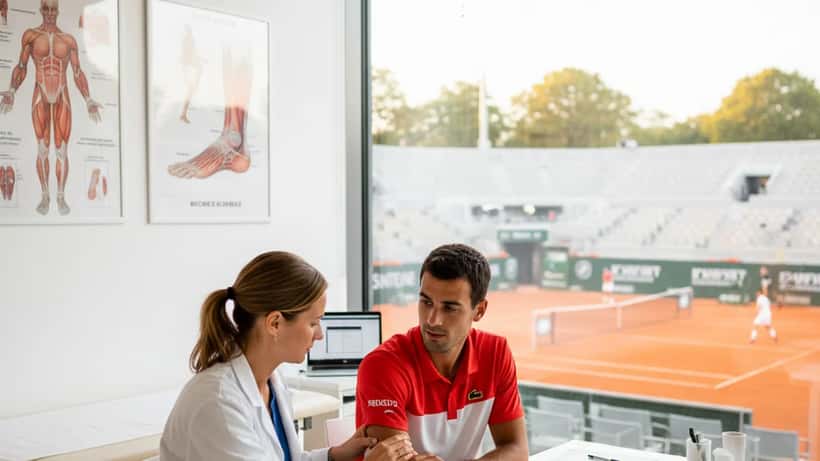 Médecin du sport examinant un joueur de tennis avant Roland Garros 2026